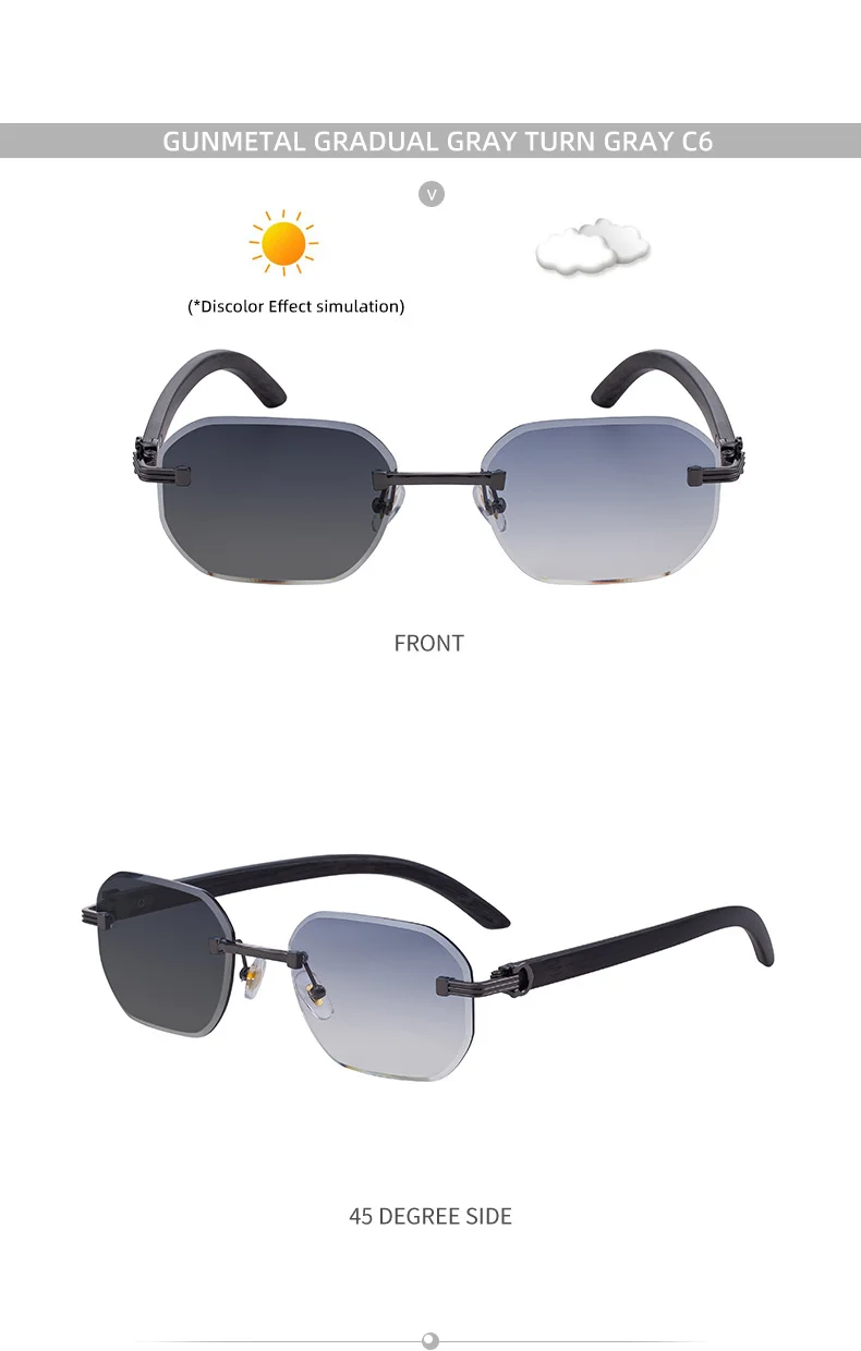 Black Zinc Alloy Men's Trendy Rimless Photochromic Sunglasses - Unique High-End Outdoor Eyewear with Adaptive UV Protection – Lightweight & Stylish - Details 26