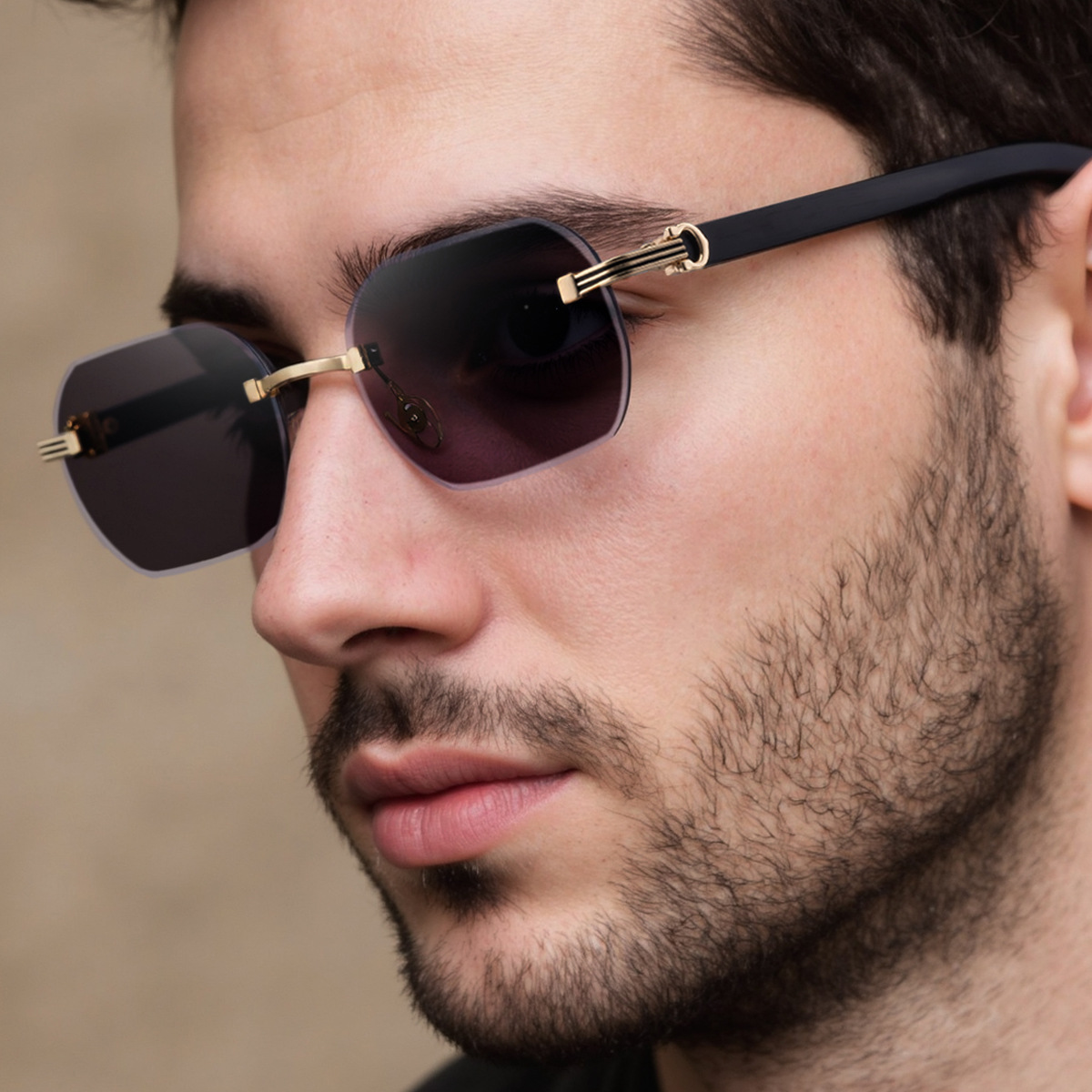 Black Zinc Alloy Men's Trendy Rimless Photochromic Sunglasses - Unique High-End Outdoor Eyewear with Adaptive UV Protection – Lightweight & Stylish - View 1
