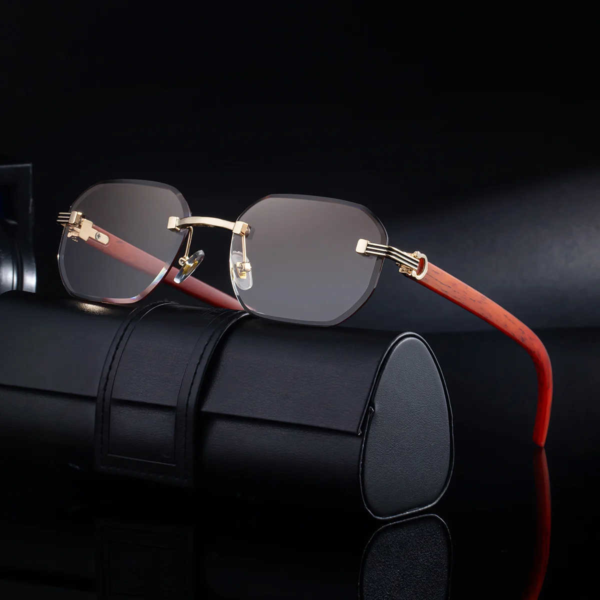 Black Zinc Alloy Men's Trendy Rimless Photochromic Sunglasses - Unique High-End Outdoor Eyewear with Adaptive UV Protection – Lightweight & Stylish - View 2