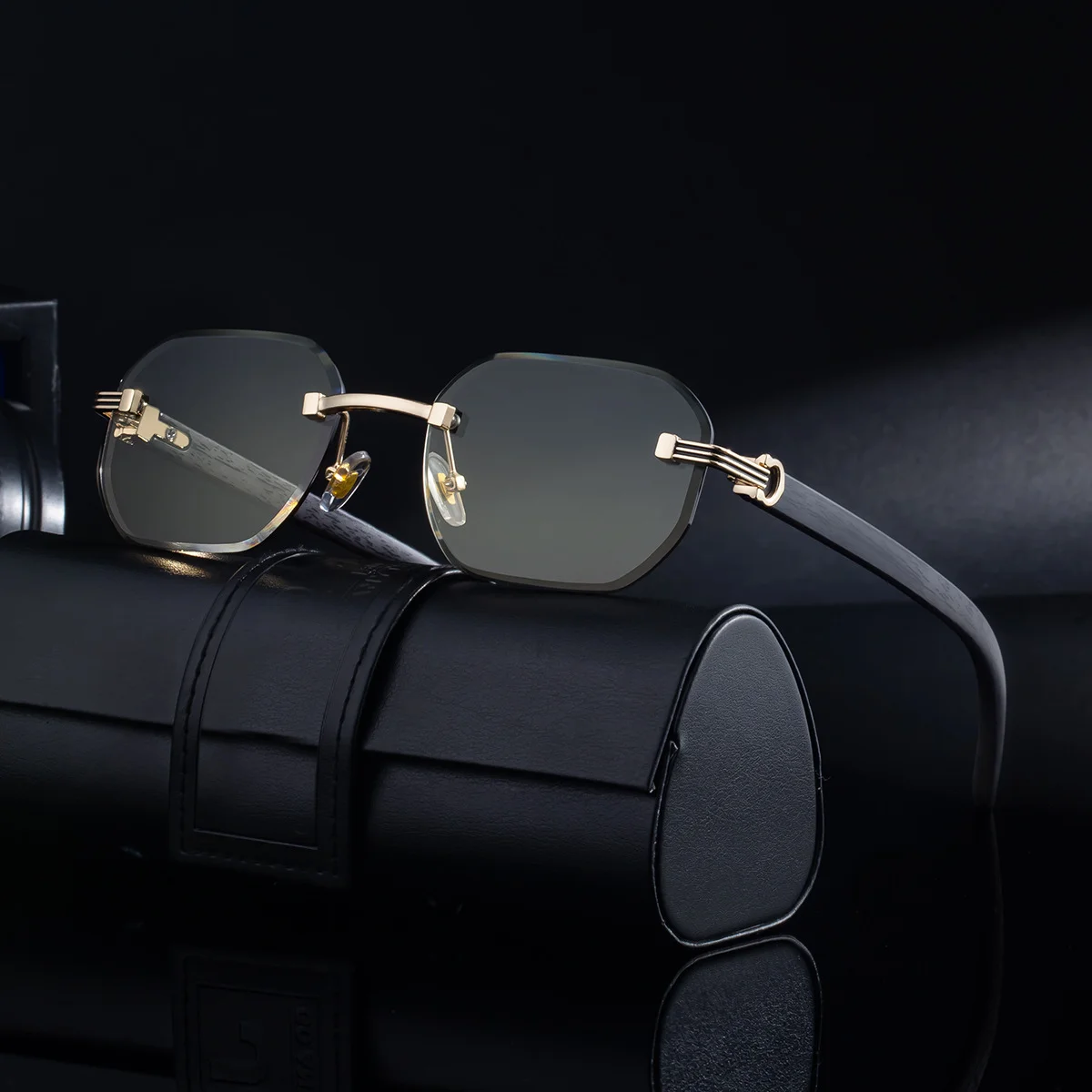 Black Zinc Alloy Men's Trendy Rimless Photochromic Sunglasses - Unique High-End Outdoor Eyewear with Adaptive UV Protection – Lightweight & Stylish - View 3