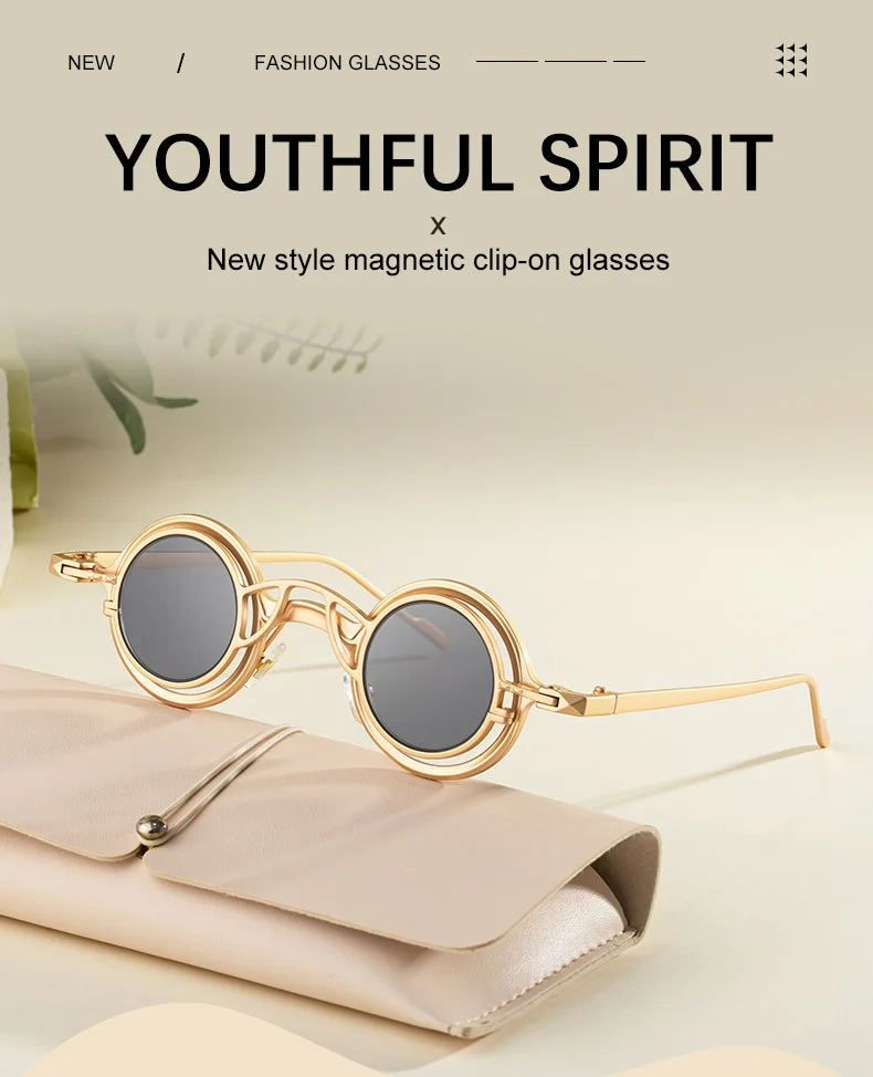 Black Metal Men's Stylish Round Clip-On Sunglasses - Magnetic Attachment with Metal Temples – High-End Retro Sun Protection Eyewear - Details 7