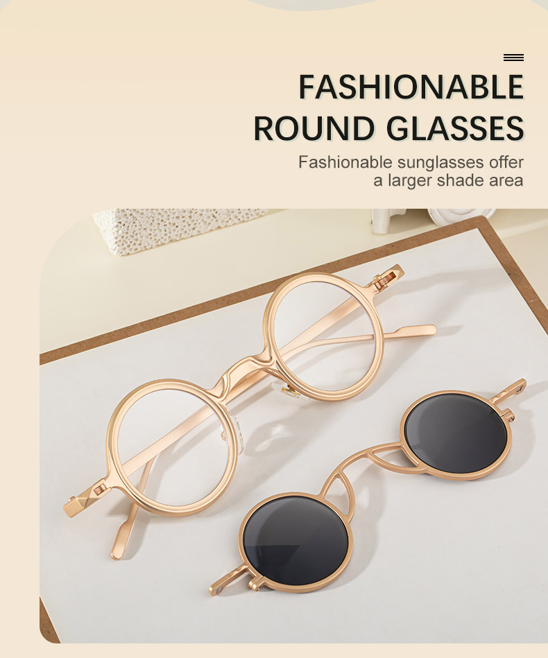 Black Metal Men's Stylish Round Clip-On Sunglasses - Magnetic Attachment with Metal Temples – High-End Retro Sun Protection Eyewear - Details 8