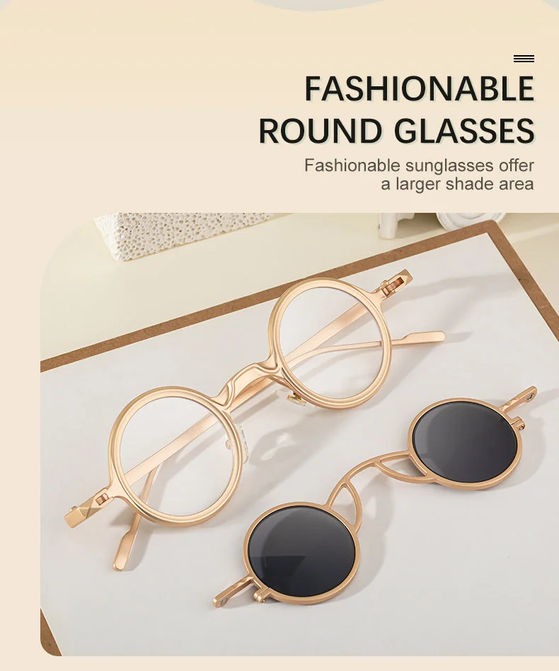 Black Metal Men's Stylish Round Clip-On Sunglasses - Magnetic Attachment with Metal Temples – High-End Retro Sun Protection Eyewear - Details 8