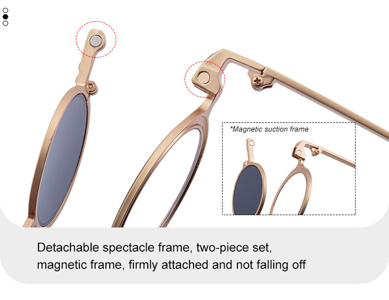 Black Metal Men's Stylish Round Clip-On Sunglasses - Magnetic Attachment with Metal Temples – High-End Retro Sun Protection Eyewear - Details 14