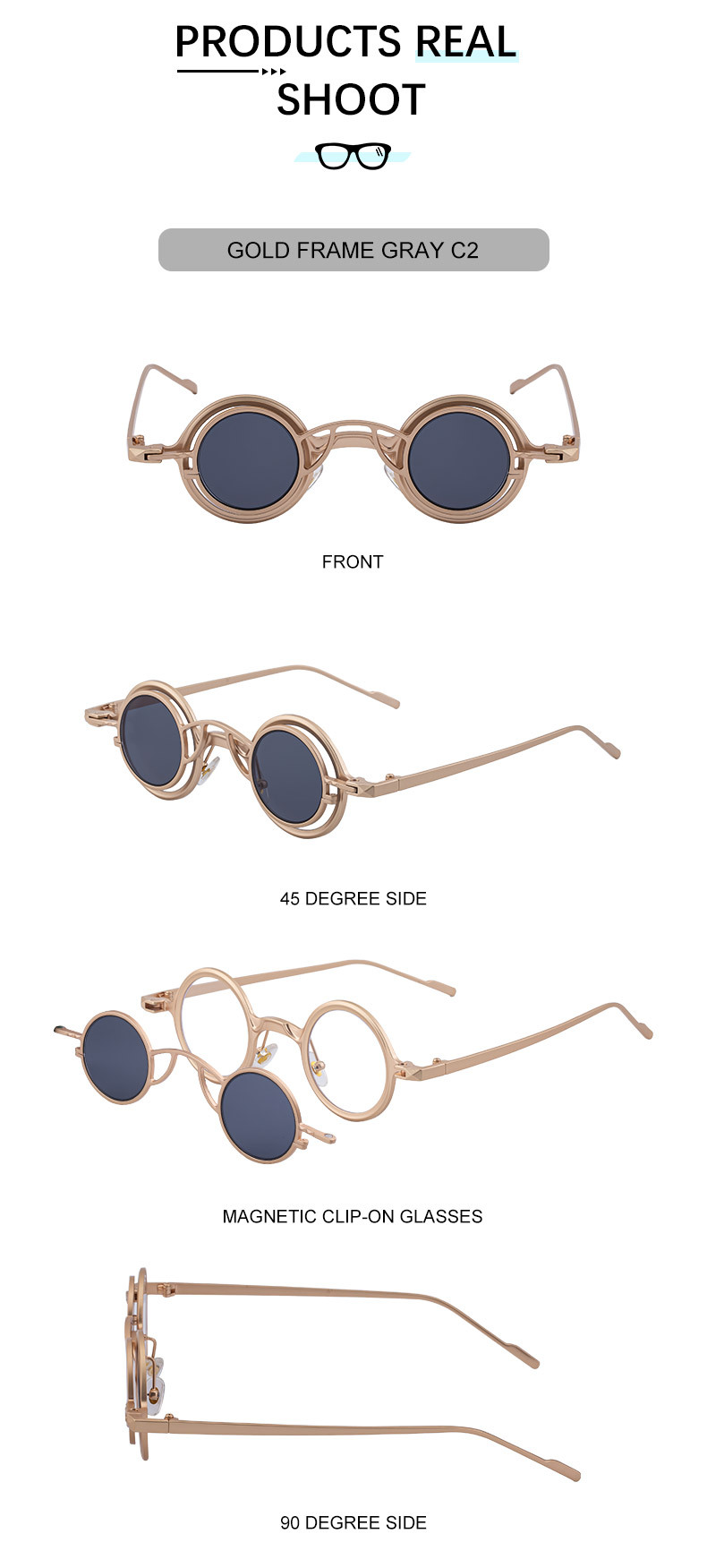 Black Metal Men's Stylish Round Clip-On Sunglasses - Magnetic Attachment with Metal Temples – High-End Retro Sun Protection Eyewear - Details 20