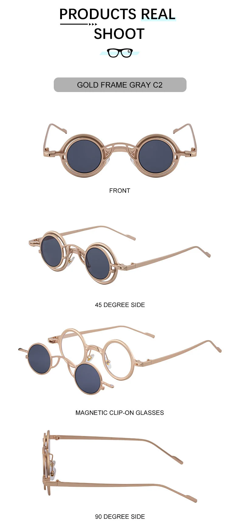 Black Metal Men's Stylish Round Clip-On Sunglasses - Magnetic Attachment with Metal Temples – High-End Retro Sun Protection Eyewear - Details 20