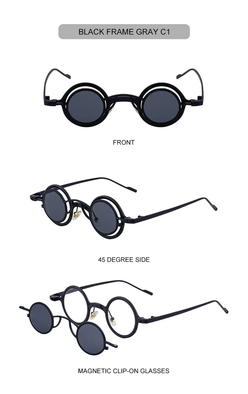 Black Metal Men's Stylish Round Clip-On Sunglasses - Magnetic Attachment with Metal Temples – High-End Retro Sun Protection Eyewear - Details 21