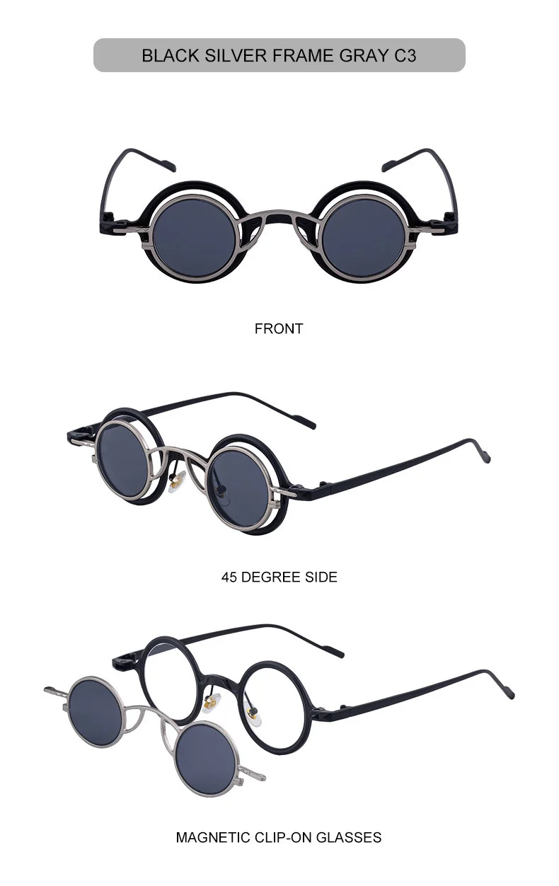 Black Metal Men's Stylish Round Clip-On Sunglasses - Magnetic Attachment with Metal Temples – High-End Retro Sun Protection Eyewear - Details 22