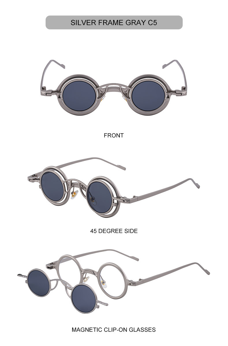 Black Metal Men's Stylish Round Clip-On Sunglasses - Magnetic Attachment with Metal Temples – High-End Retro Sun Protection Eyewear - Details 24