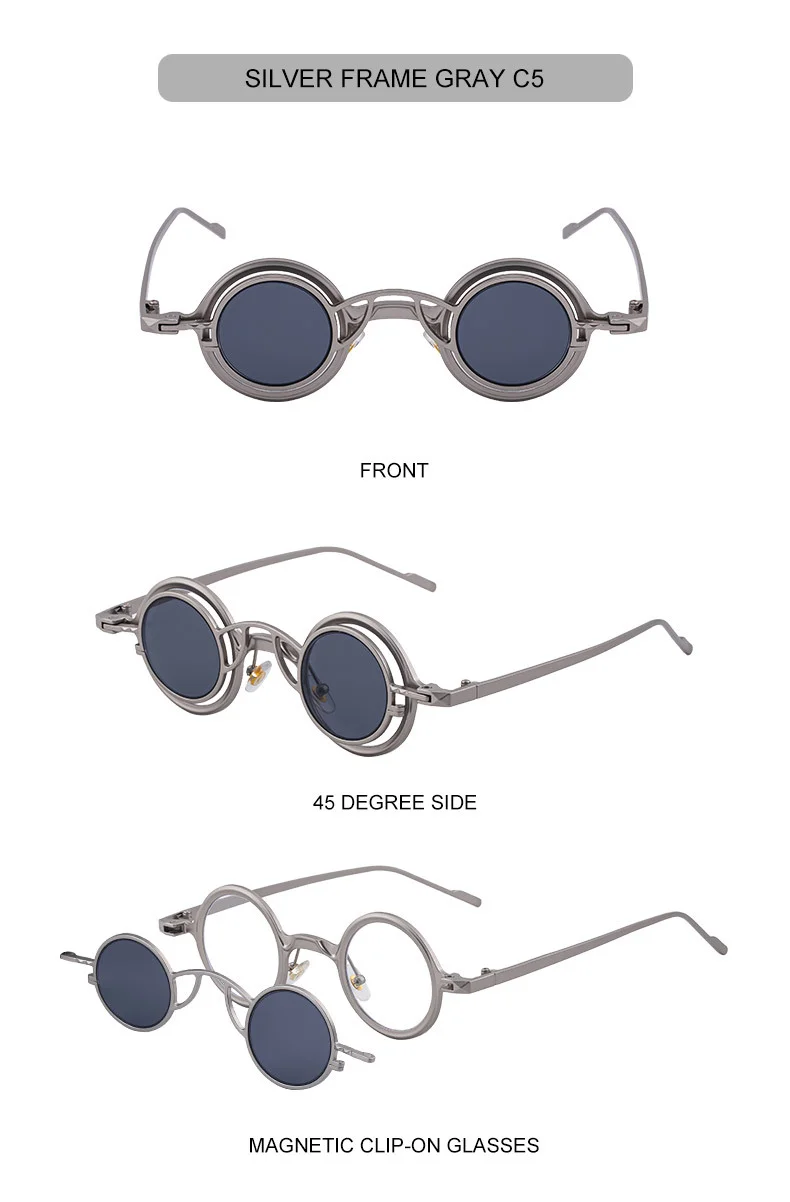Black Metal Men's Stylish Round Clip-On Sunglasses - Magnetic Attachment with Metal Temples – High-End Retro Sun Protection Eyewear - Details 24