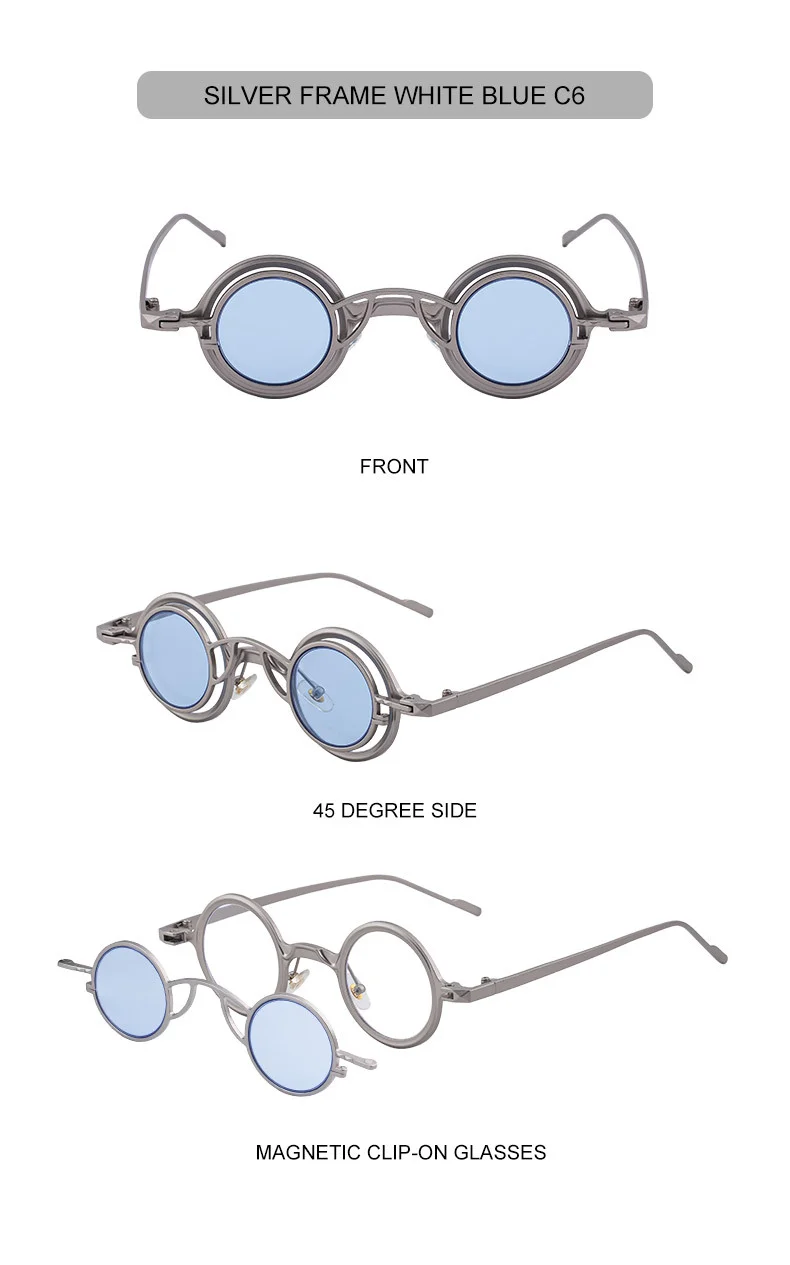 Black Metal Men's Stylish Round Clip-On Sunglasses - Magnetic Attachment with Metal Temples – High-End Retro Sun Protection Eyewear - Details 25