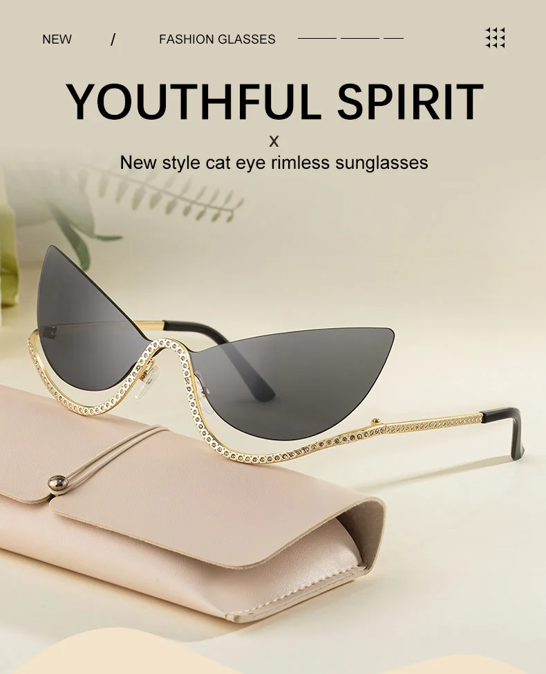Black Zinc Alloy Women's Trendy Rimless Cat-Eye Sunglasses - Unique High-End Rhinestone Embellished Eyewear – Stylish Outdoor Street Fashion Sun Protection - Details 1