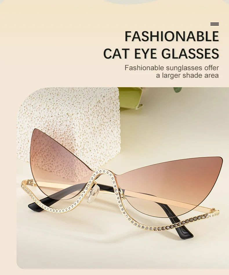 Black Zinc Alloy Women's Trendy Rimless Cat-Eye Sunglasses - Unique High-End Rhinestone Embellished Eyewear – Stylish Outdoor Street Fashion Sun Protection - Details 2
