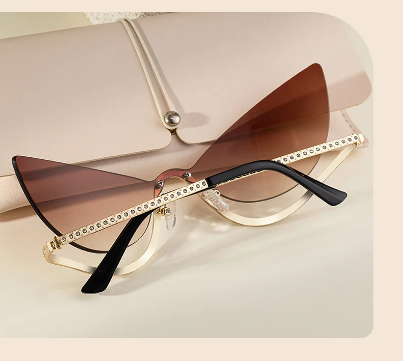 Black Zinc Alloy Women's Trendy Rimless Cat-Eye Sunglasses - Unique High-End Rhinestone Embellished Eyewear – Stylish Outdoor Street Fashion Sun Protection - Details 3