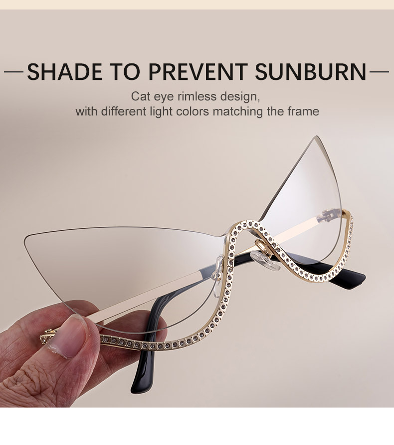 Black Zinc Alloy Women's Trendy Rimless Cat-Eye Sunglasses - Unique High-End Rhinestone Embellished Eyewear – Stylish Outdoor Street Fashion Sun Protection - Details 5