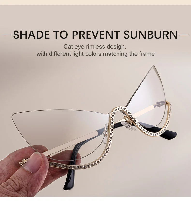 Black Zinc Alloy Women's Trendy Rimless Cat-Eye Sunglasses - Unique High-End Rhinestone Embellished Eyewear – Stylish Outdoor Street Fashion Sun Protection - Details 5