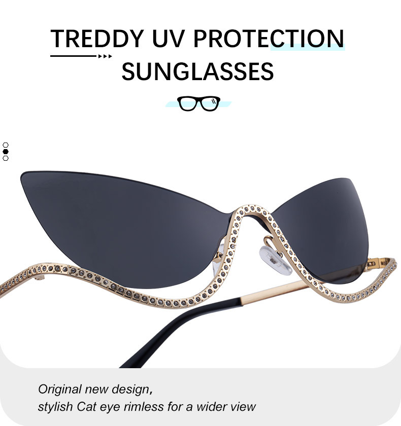 Black Zinc Alloy Women's Trendy Rimless Cat-Eye Sunglasses - Unique High-End Rhinestone Embellished Eyewear – Stylish Outdoor Street Fashion Sun Protection - Details 7