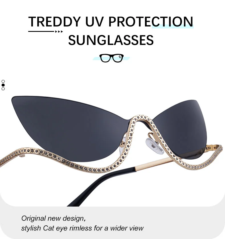 Black Zinc Alloy Women's Trendy Rimless Cat-Eye Sunglasses - Unique High-End Rhinestone Embellished Eyewear – Stylish Outdoor Street Fashion Sun Protection - Details 7