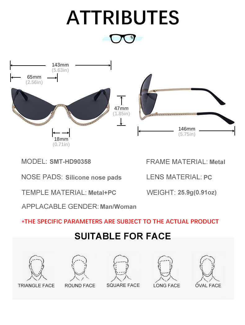 Women's Trendy Rimless Cat-Eye Sunglasses - Unique High-End Rhinestone Embellished Eyewear – Stylish Outdoor Street Fashion Sun Protection Details and Specifications