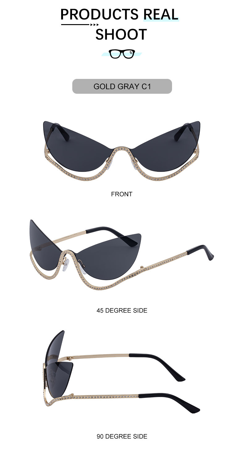 Black Zinc Alloy Women's Trendy Rimless Cat-Eye Sunglasses - Unique High-End Rhinestone Embellished Eyewear – Stylish Outdoor Street Fashion Sun Protection - Details 13