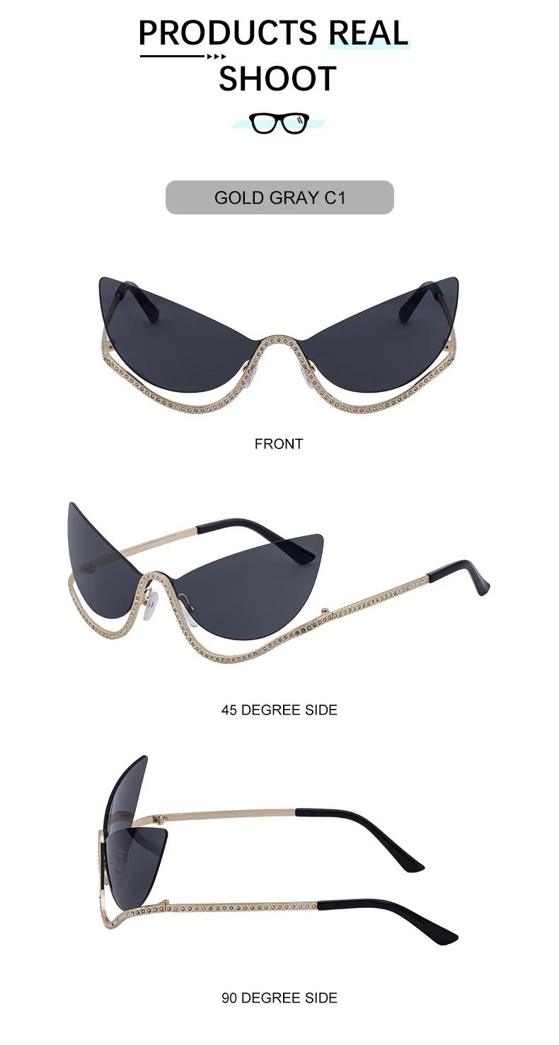 Black Zinc Alloy Women's Trendy Rimless Cat-Eye Sunglasses - Unique High-End Rhinestone Embellished Eyewear – Stylish Outdoor Street Fashion Sun Protection - Details 13