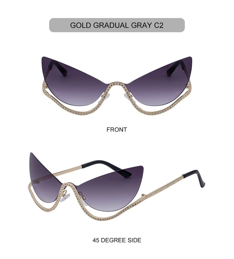 Black Zinc Alloy Women's Trendy Rimless Cat-Eye Sunglasses - Unique High-End Rhinestone Embellished Eyewear – Stylish Outdoor Street Fashion Sun Protection - Details 14