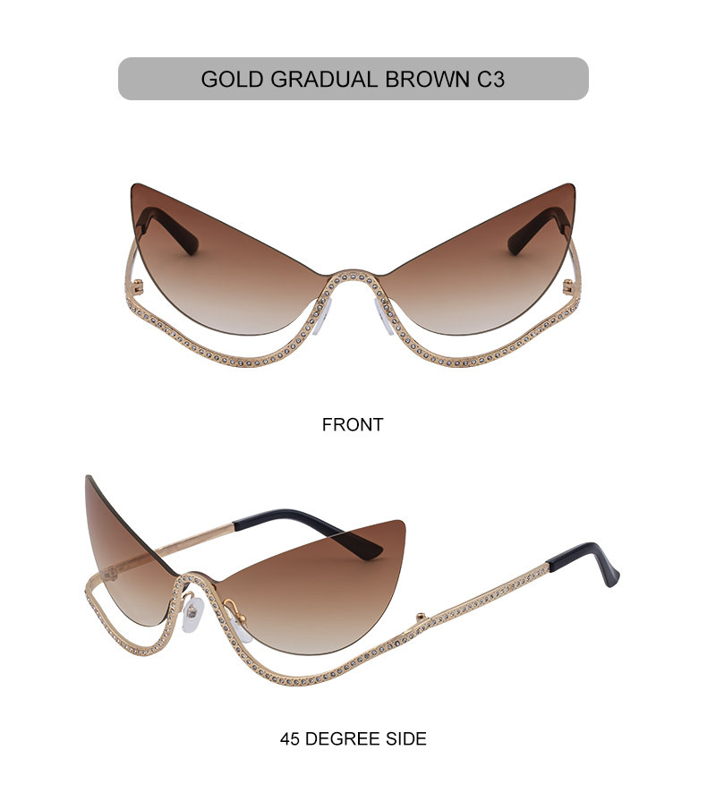 Black Zinc Alloy Women's Trendy Rimless Cat-Eye Sunglasses - Unique High-End Rhinestone Embellished Eyewear – Stylish Outdoor Street Fashion Sun Protection - Details 15