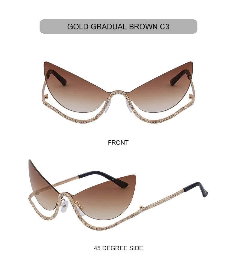 Black Zinc Alloy Women's Trendy Rimless Cat-Eye Sunglasses - Unique High-End Rhinestone Embellished Eyewear – Stylish Outdoor Street Fashion Sun Protection - Details 15