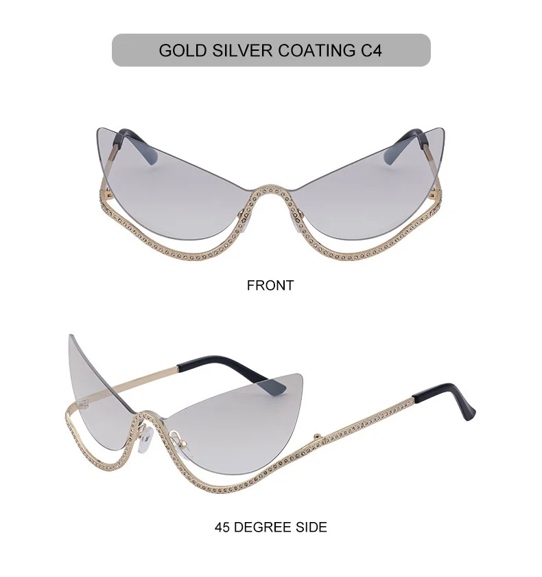 Black Zinc Alloy Women's Trendy Rimless Cat-Eye Sunglasses - Unique High-End Rhinestone Embellished Eyewear – Stylish Outdoor Street Fashion Sun Protection - Details 16