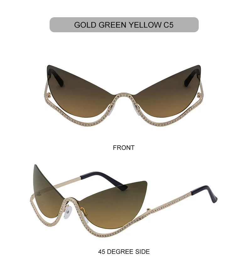 Black Zinc Alloy Women's Trendy Rimless Cat-Eye Sunglasses - Unique High-End Rhinestone Embellished Eyewear – Stylish Outdoor Street Fashion Sun Protection - Details 17