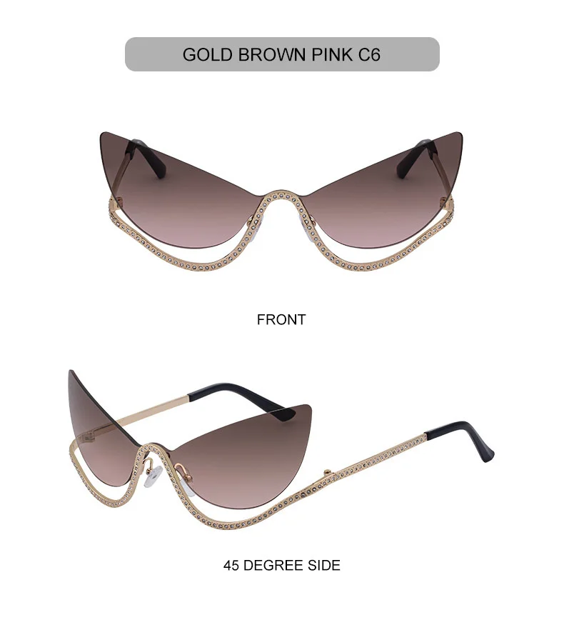 Black Zinc Alloy Women's Trendy Rimless Cat-Eye Sunglasses - Unique High-End Rhinestone Embellished Eyewear – Stylish Outdoor Street Fashion Sun Protection - Details 18