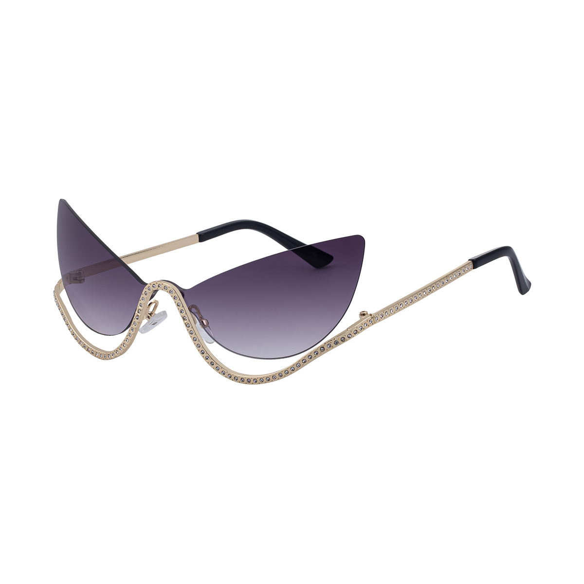 Black Zinc Alloy Women's Trendy Rimless Cat-Eye Sunglasses - Unique High-End Rhinestone Embellished Eyewear – Stylish Outdoor Street Fashion Sun Protection - View 5