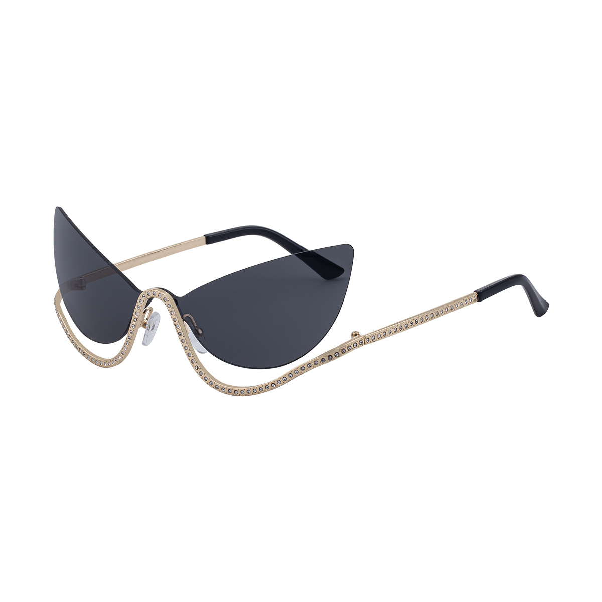 Black Zinc Alloy Women's Trendy Rimless Cat-Eye Sunglasses - Unique High-End Rhinestone Embellished Eyewear – Stylish Outdoor Street Fashion Sun Protection - View 6