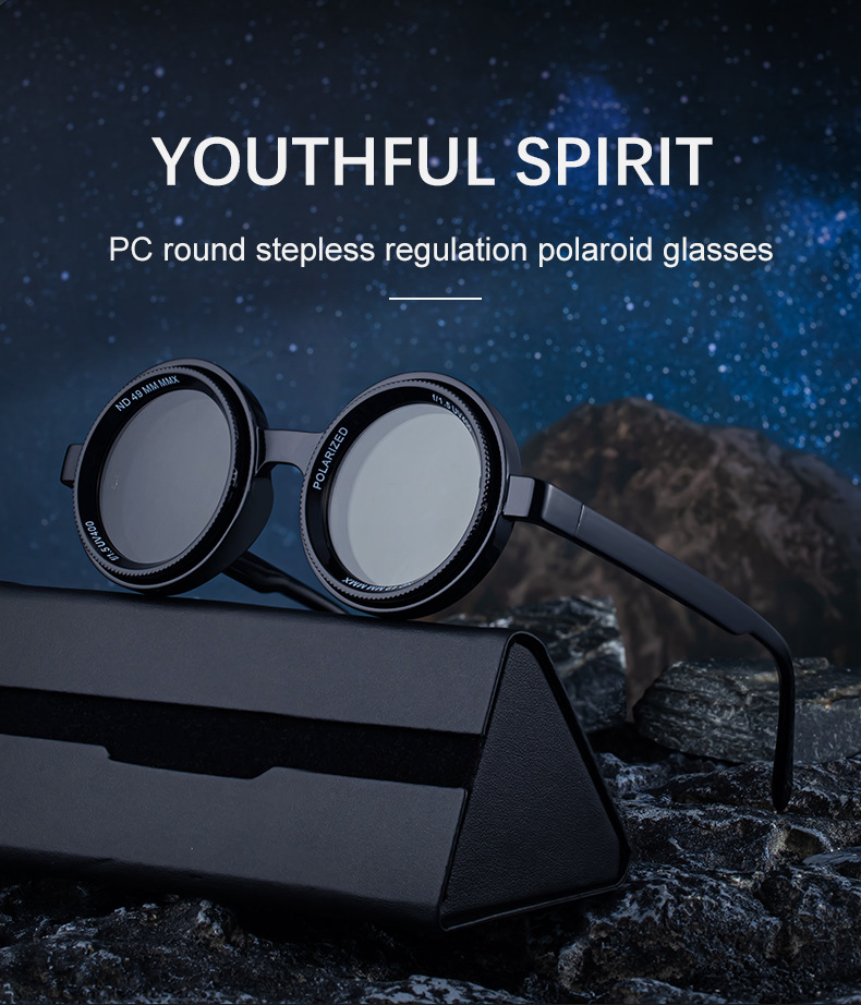Black PC New Men's Round Frame Night Driving Glasses – Adjustable ND Variable Focus Polarized Sunglasses - Details 1