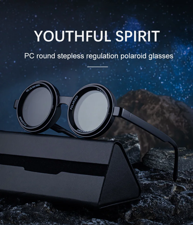 Black PC New Men's Round Frame Night Driving Glasses – Adjustable ND Variable Focus Polarized Sunglasses - Details 1