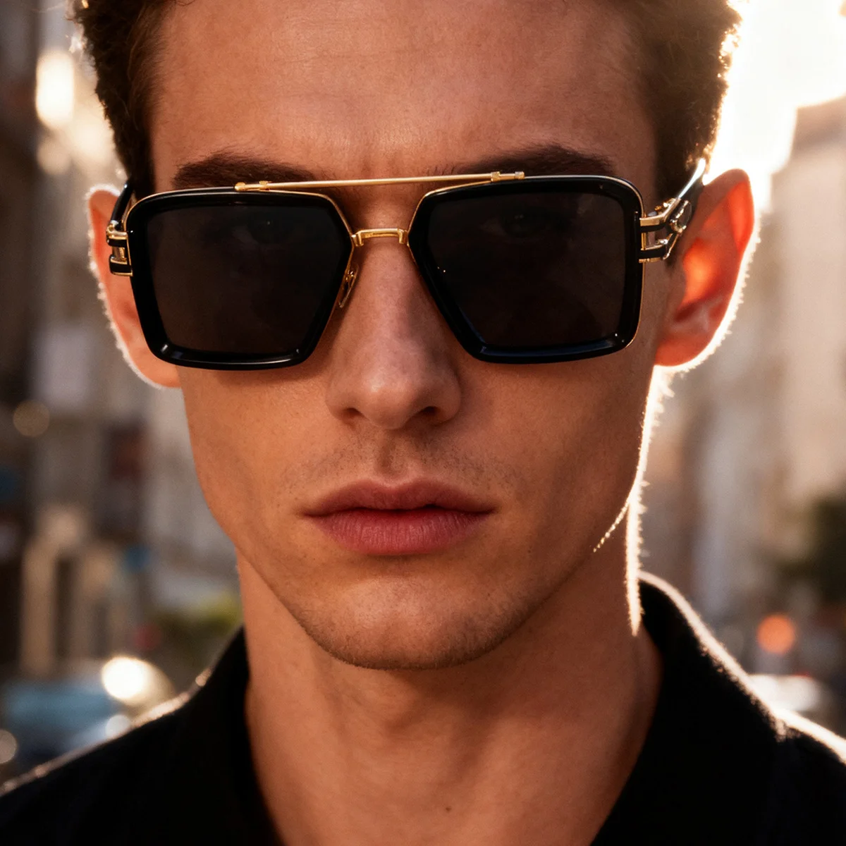 Black Zinc Alloy Men's Retro Square Sunglasses with Double Bridge - New High-End Fashion Eyewear for Outdoor Sun Protection – Stylish Male Shades - Details 2