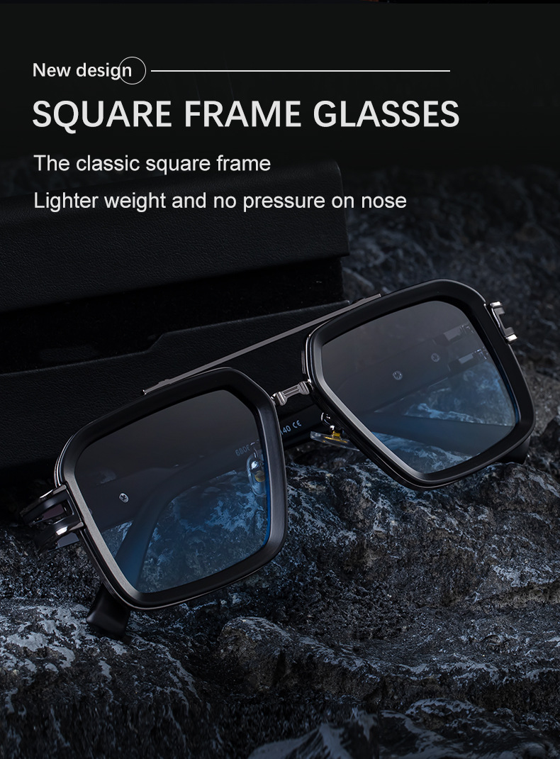 Black Zinc Alloy Men's Retro Square Sunglasses with Double Bridge - New High-End Fashion Eyewear for Outdoor Sun Protection – Stylish Male Shades - Details 5