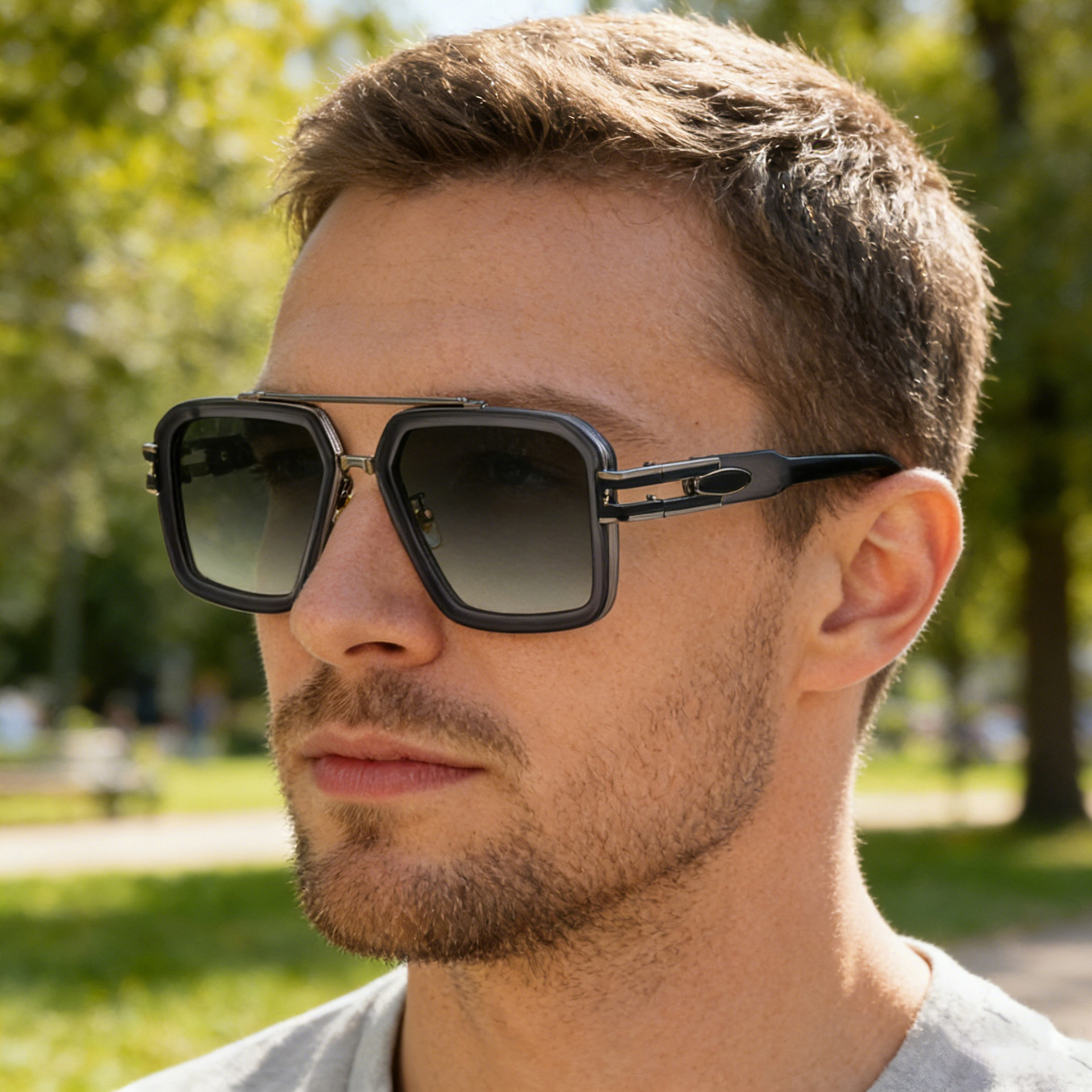 Men's Retro Square Sunglasses with Double Bridge - New High-End Fashion Eyewear for Outdoor Sun Protection – Stylish Male Shades