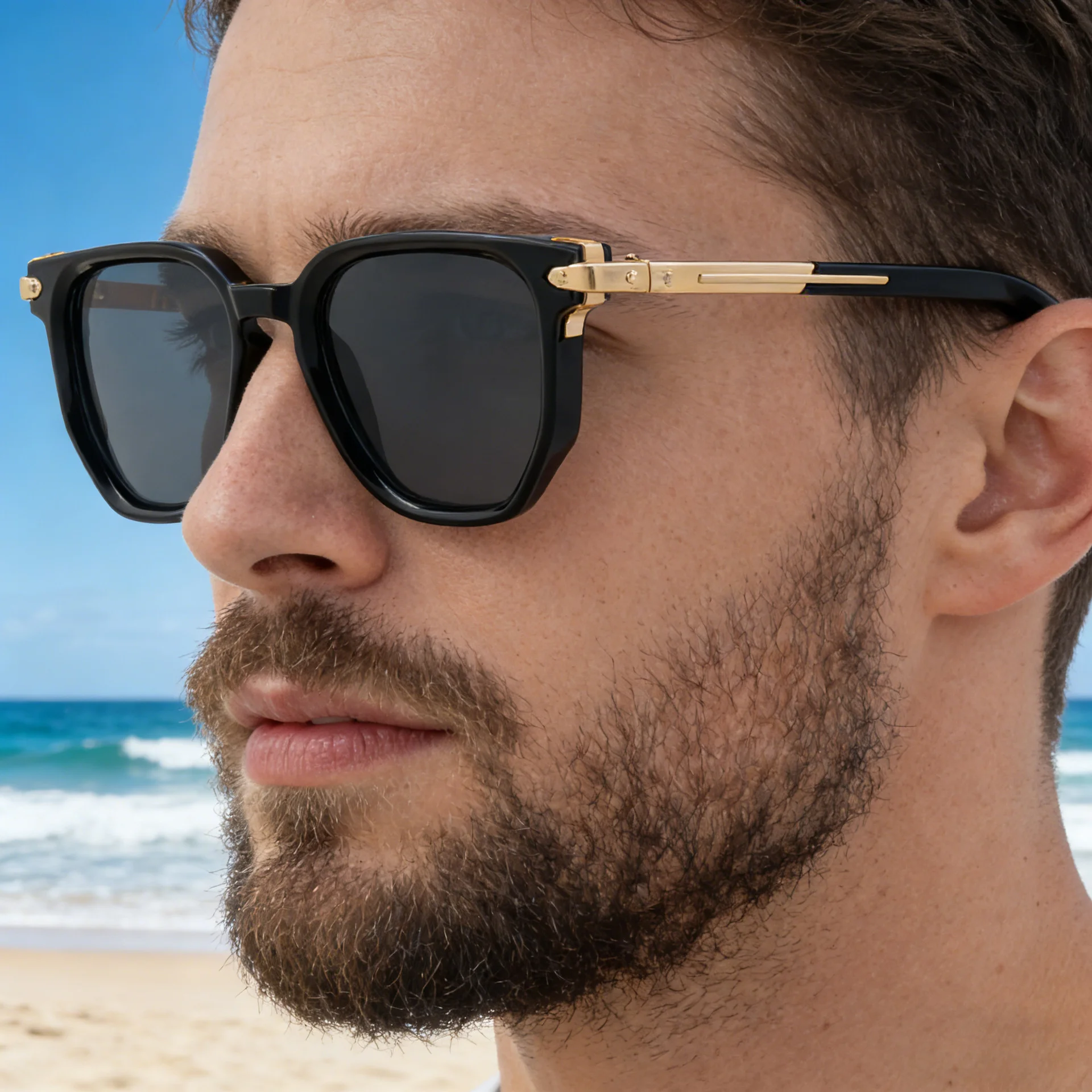 Black Zinc Alloy Men's Trendy Polygon Sunglasses - New Unique Design with Durable Zinc Alloy Temples – High-End Fashion Sun Protection Eyewear - Details 3