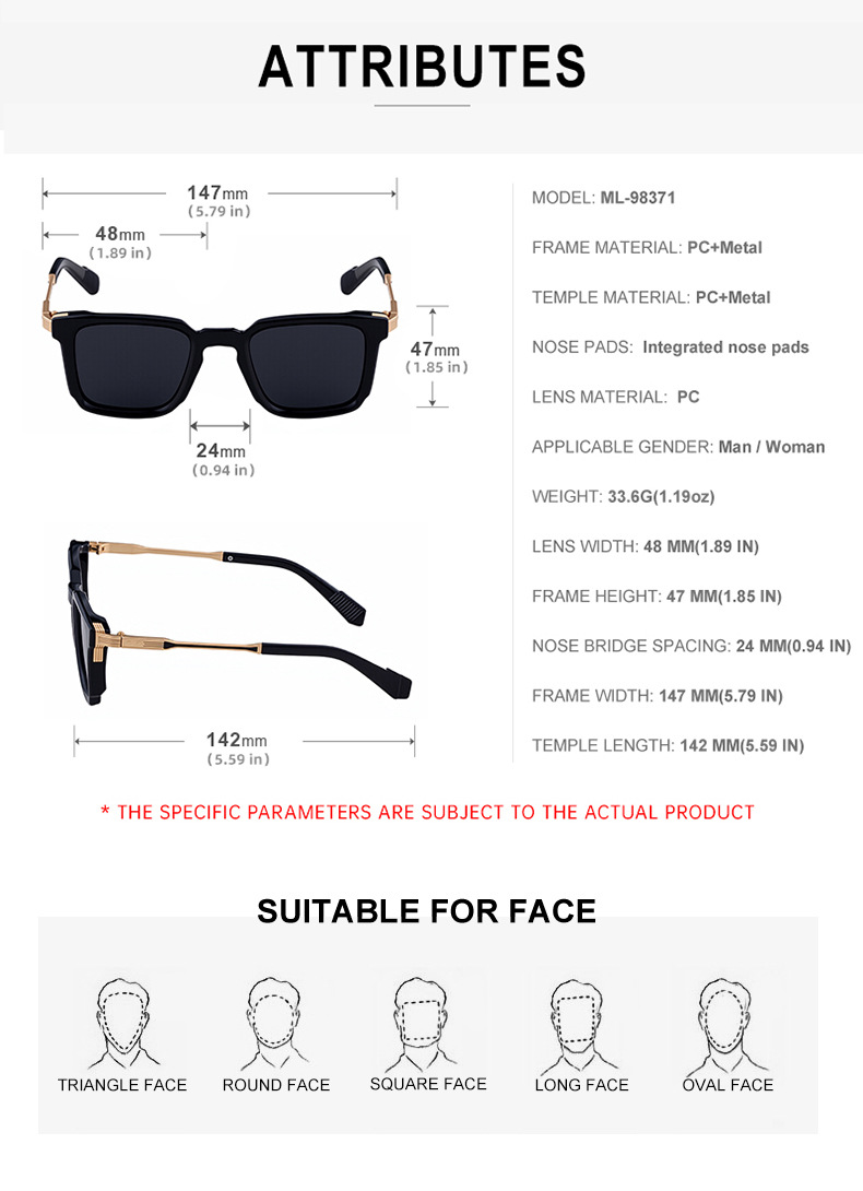 New Fashion Men's Square Sunglasses with Zinc Alloy Temples - Outdoor UV Protection Shades Details and Specifications