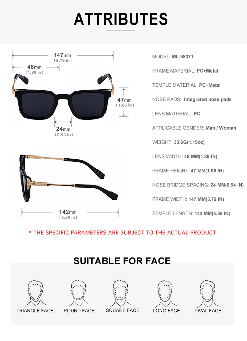 Black Zinc Alloy New Fashion Men's Square Sunglasses with Zinc Alloy Temples - Outdoor UV Protection Shades - Details 16
