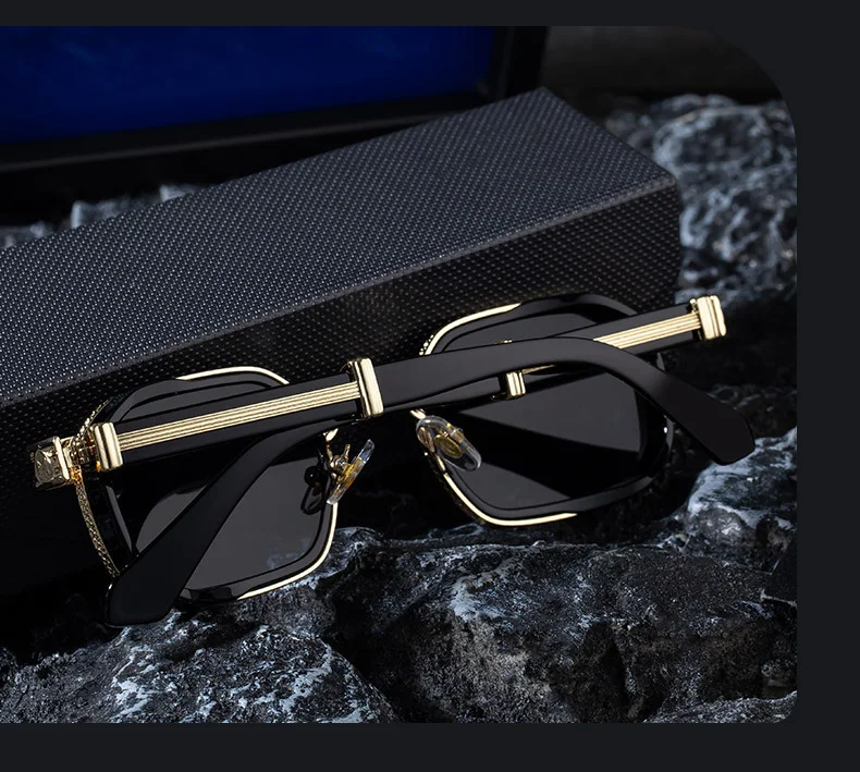 Black Zinc Alloy New Fashion Men's Square Sunglasses - Retro Punk Style Premium UV Protection Shades - Details 6