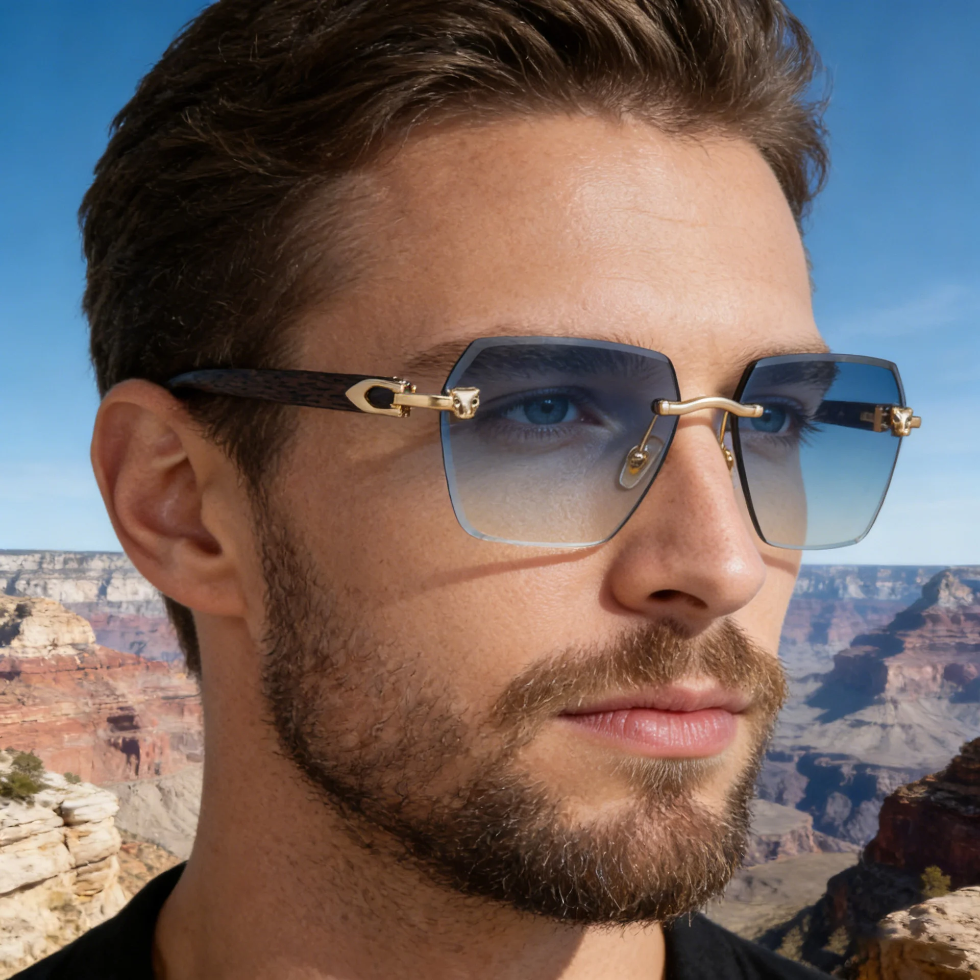 Black PC New Men's Premium Photochromic Square Sunglasses – Rimless Retro Design with Leopard Head & Wood Grain Pattern for Outdoor Driving - Details 1