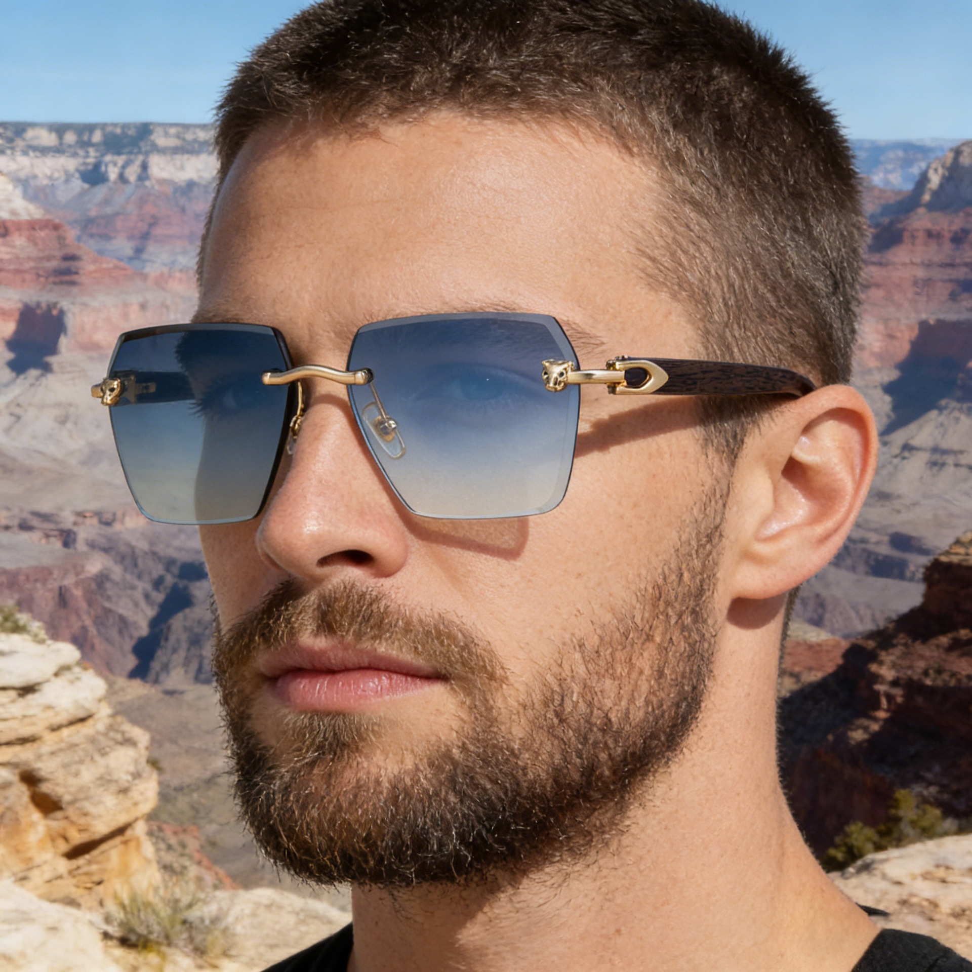 New Men's Premium Photochromic Square Sunglasses – Rimless Retro Design with Leopard Head & Wood Grain Pattern for Outdoor Driving Details and Specifications