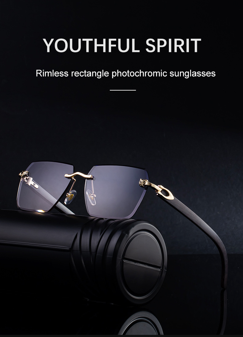 Black PC New Men's Premium Photochromic Square Sunglasses – Rimless Retro Design with Leopard Head & Wood Grain Pattern for Outdoor Driving - Details 3