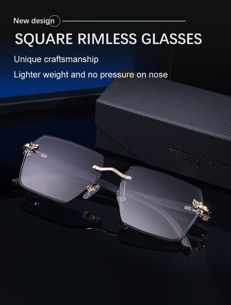 New Men's Premium Photochromic Square Sunglasses – Rimless Retro Design with Leopard Head & Wood Grain Pattern for Outdoor Driving Details and Specifications