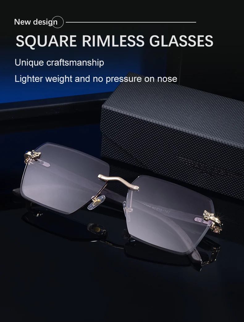 Black PC New Men's Premium Photochromic Square Sunglasses – Rimless Retro Design with Leopard Head & Wood Grain Pattern for Outdoor Driving - Details 4