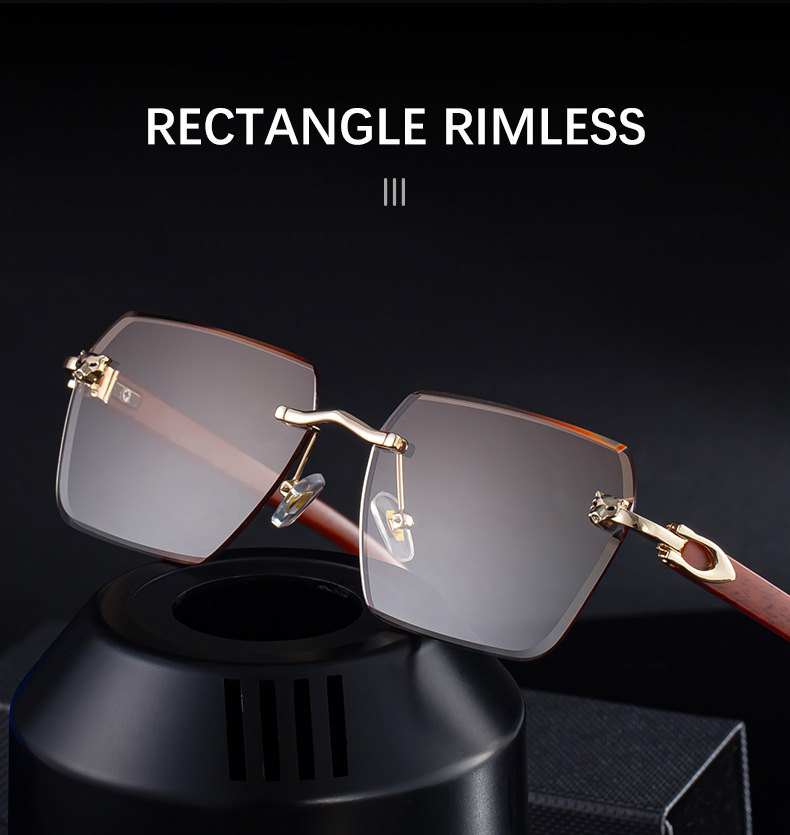 Black PC New Men's Premium Photochromic Square Sunglasses – Rimless Retro Design with Leopard Head & Wood Grain Pattern for Outdoor Driving - Details 7
