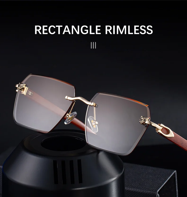 Black PC New Men's Premium Photochromic Square Sunglasses – Rimless Retro Design with Leopard Head & Wood Grain Pattern for Outdoor Driving - Details 7