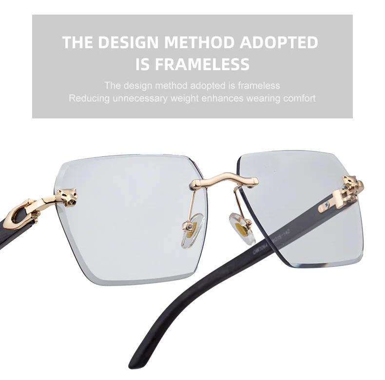 Black PC New Men's Premium Photochromic Square Sunglasses – Rimless Retro Design with Leopard Head & Wood Grain Pattern for Outdoor Driving - Details 12